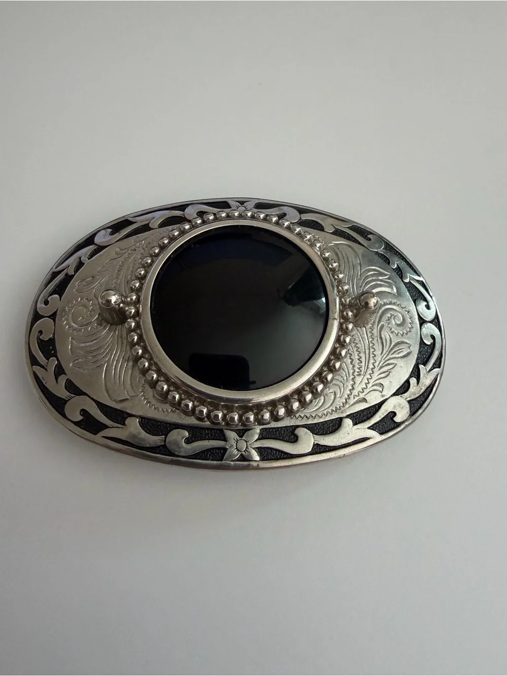 Silver-Tone Oval Western Belt Buckle with Black Center